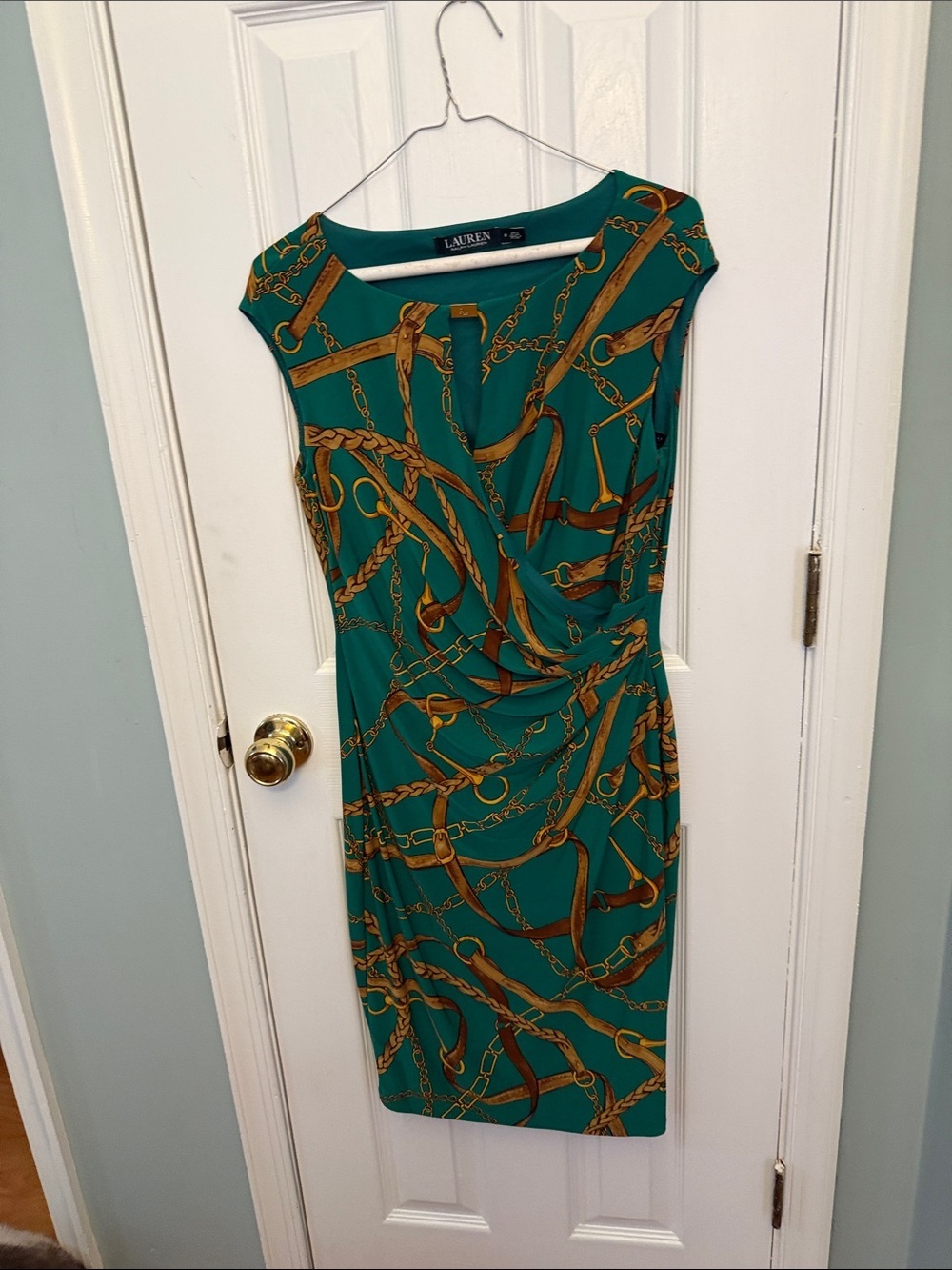 Lauren Ralph Lauren Teal Sheath Dress with Gold Chain Print